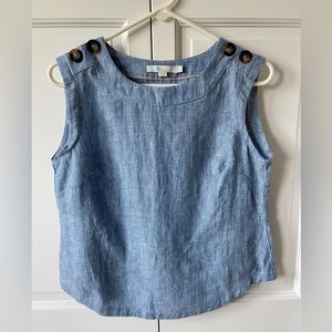 Women’s Boden, blue linen, button shoulder top.